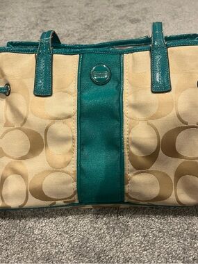 Coach Beige Signature Tote with Teal Trim and Handles